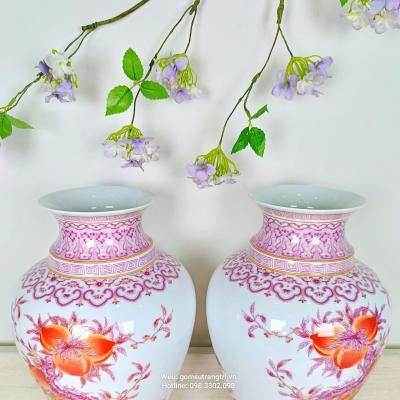 Cặp bình vẽ tay, vẽ mã não, cặp bình vẽ chim trĩ, đào trường thọ